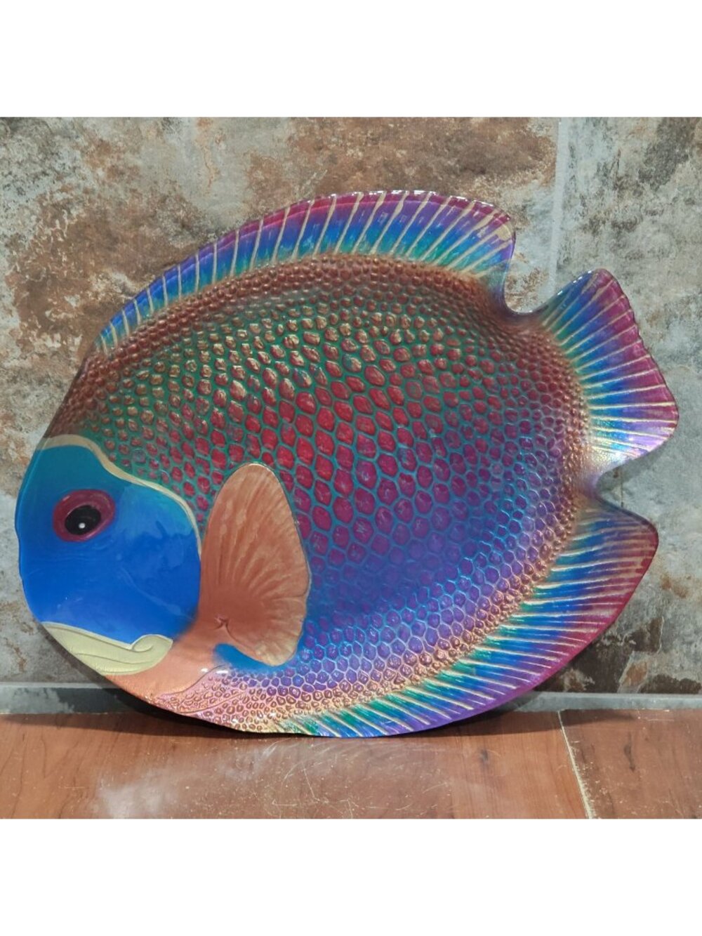 Iridescent Glass Parrotfish Decorative Tray Signed SOIF CD Mathis Large Serving